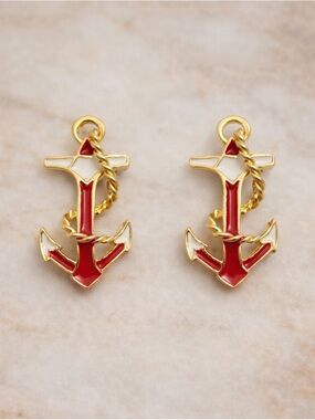 Nautical Anchor Stud Earrings Red White Gold Tone Enamel Summer